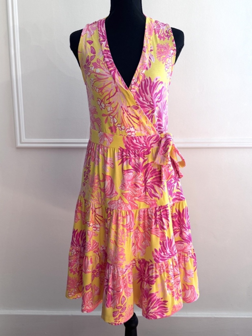 Lilly Pulitzer Folly Wrap Dress Small Calla Yellow Floral Coral Tiered V Neck